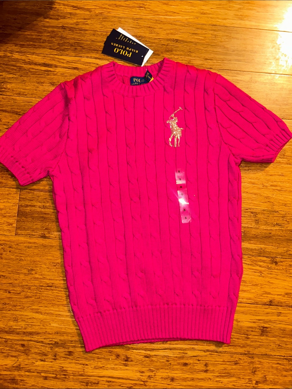 Polo Ralph Lauren Short Sleeve Cable Knit Sweater Beaded Big Pony Logo Pink - Picture 7 of 9